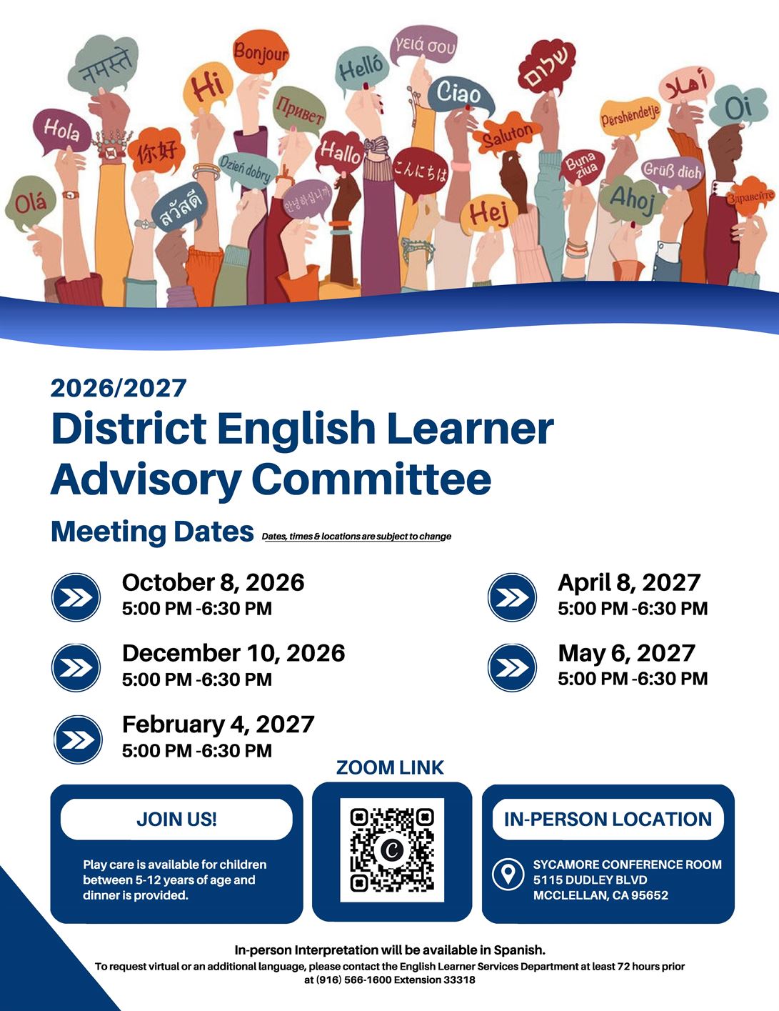 District English Learner Advisory Committee Flyer for the 26-27 School Year