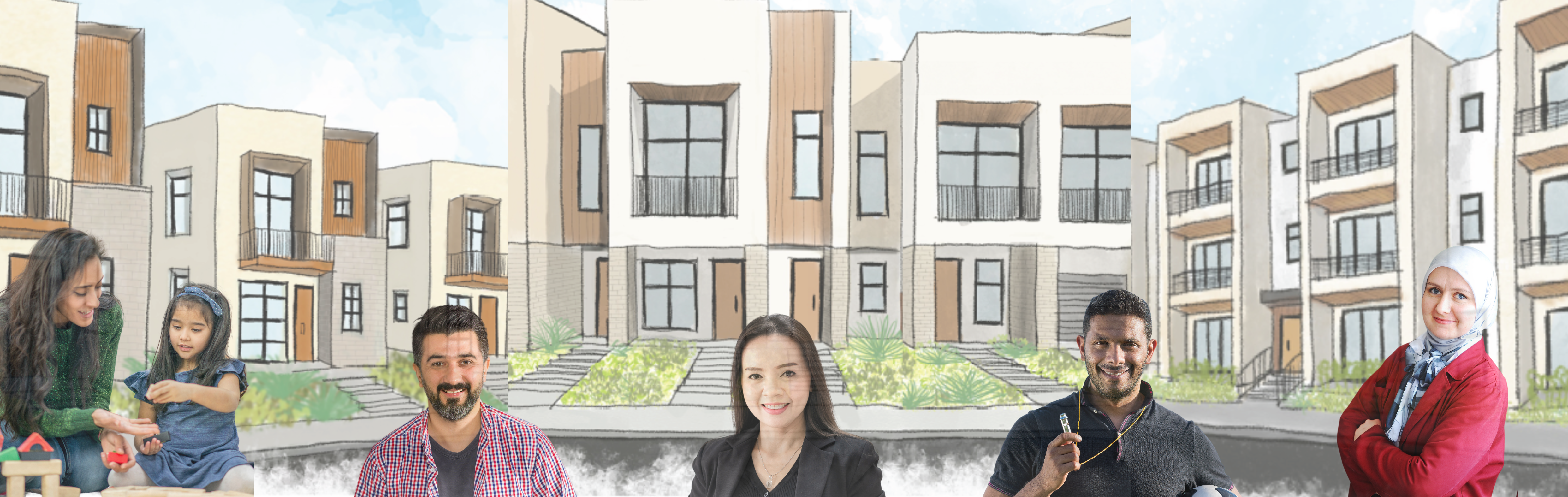 people standing in front of buildings smiling