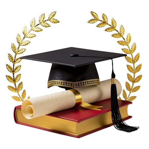 high school graduation cap and diploma sitting on a book with gold wreath around them.