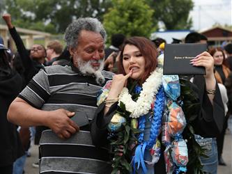 High school graduate smiling with family member.