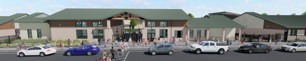 front of elementary school with children, parents and cars