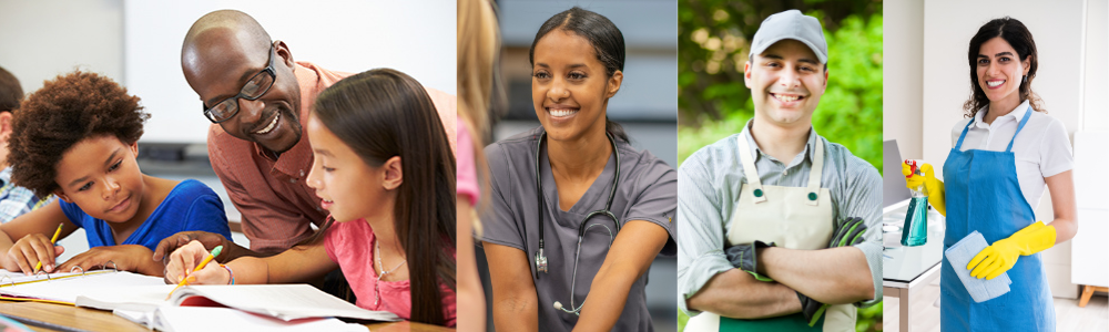 substitute teacher with students, school nurse, landscaper, custodian