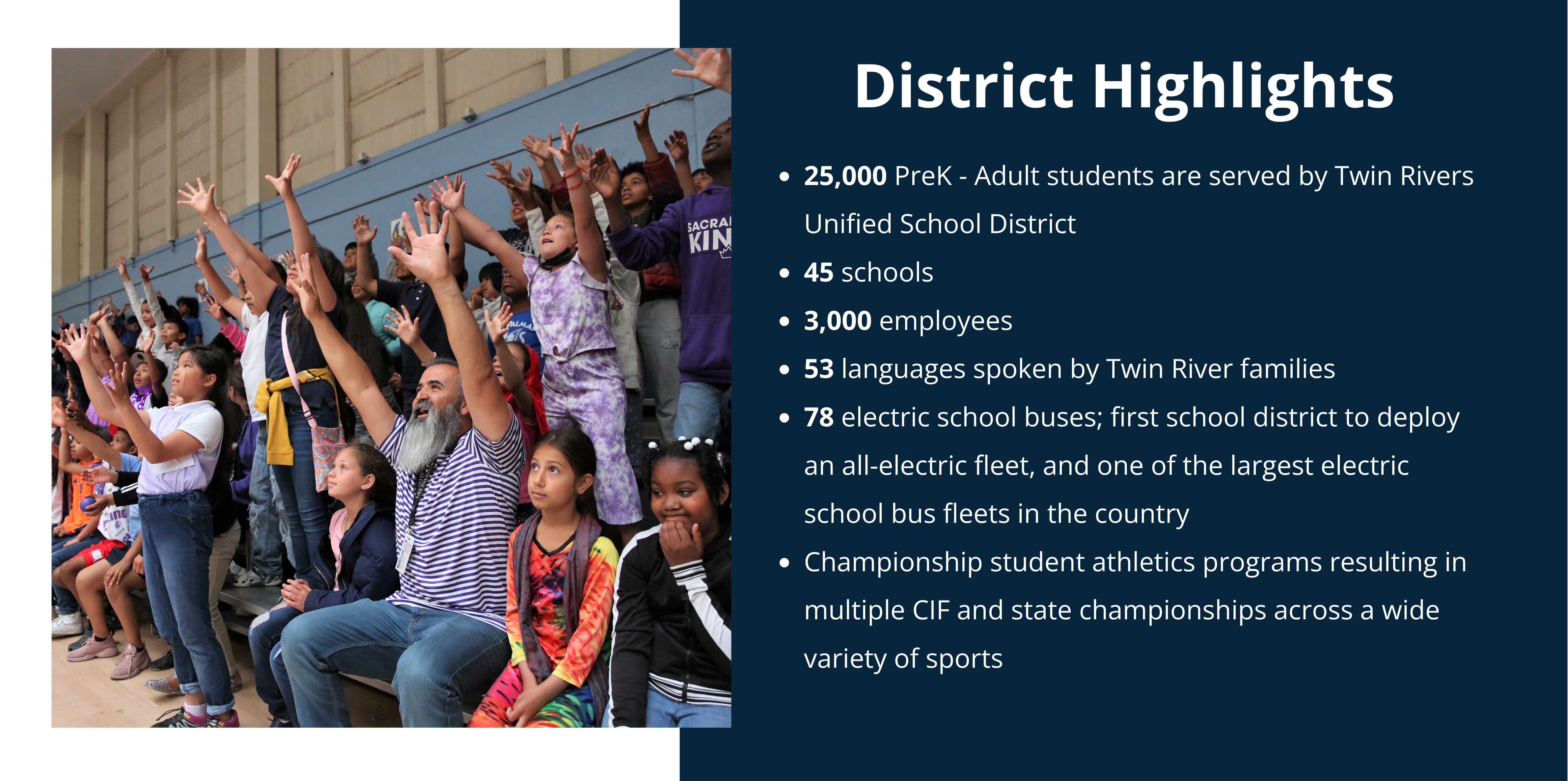 district highlights with students and teacher cheering raising hands