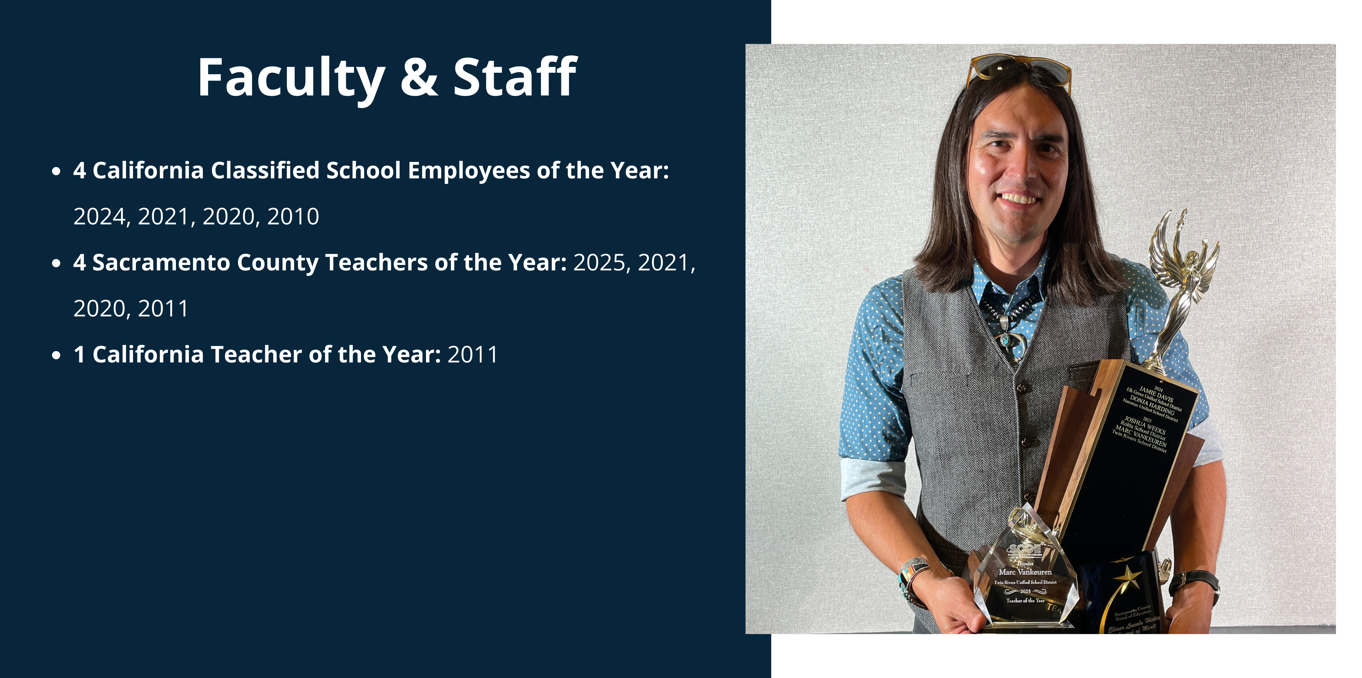 faculty and staff male teacher holding award