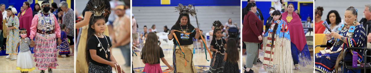 Native American Adults and children in traditional wear