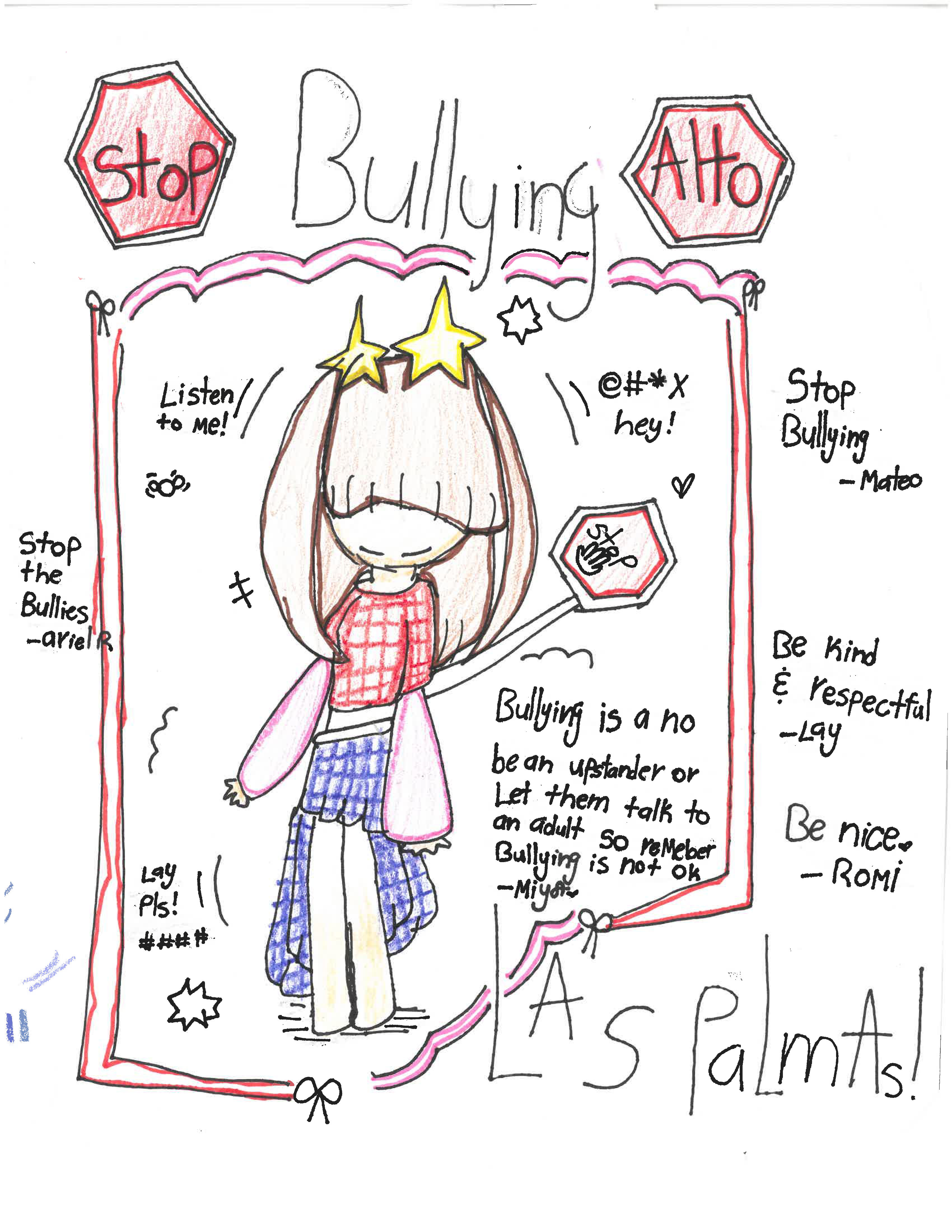 drawing of girl with stop bullying sign