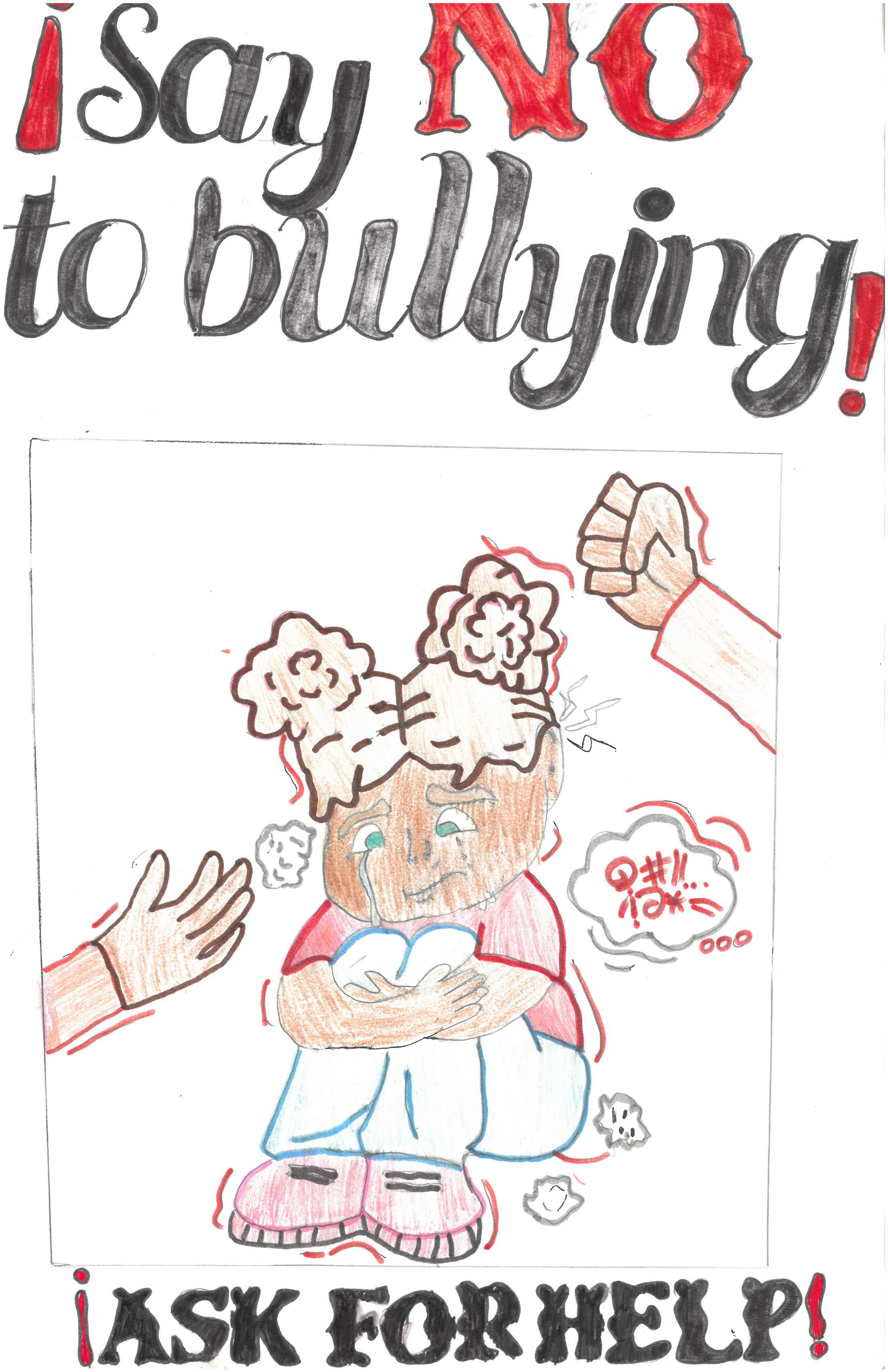 drawing of girl holding her knees and crying say no to bullying ask for help