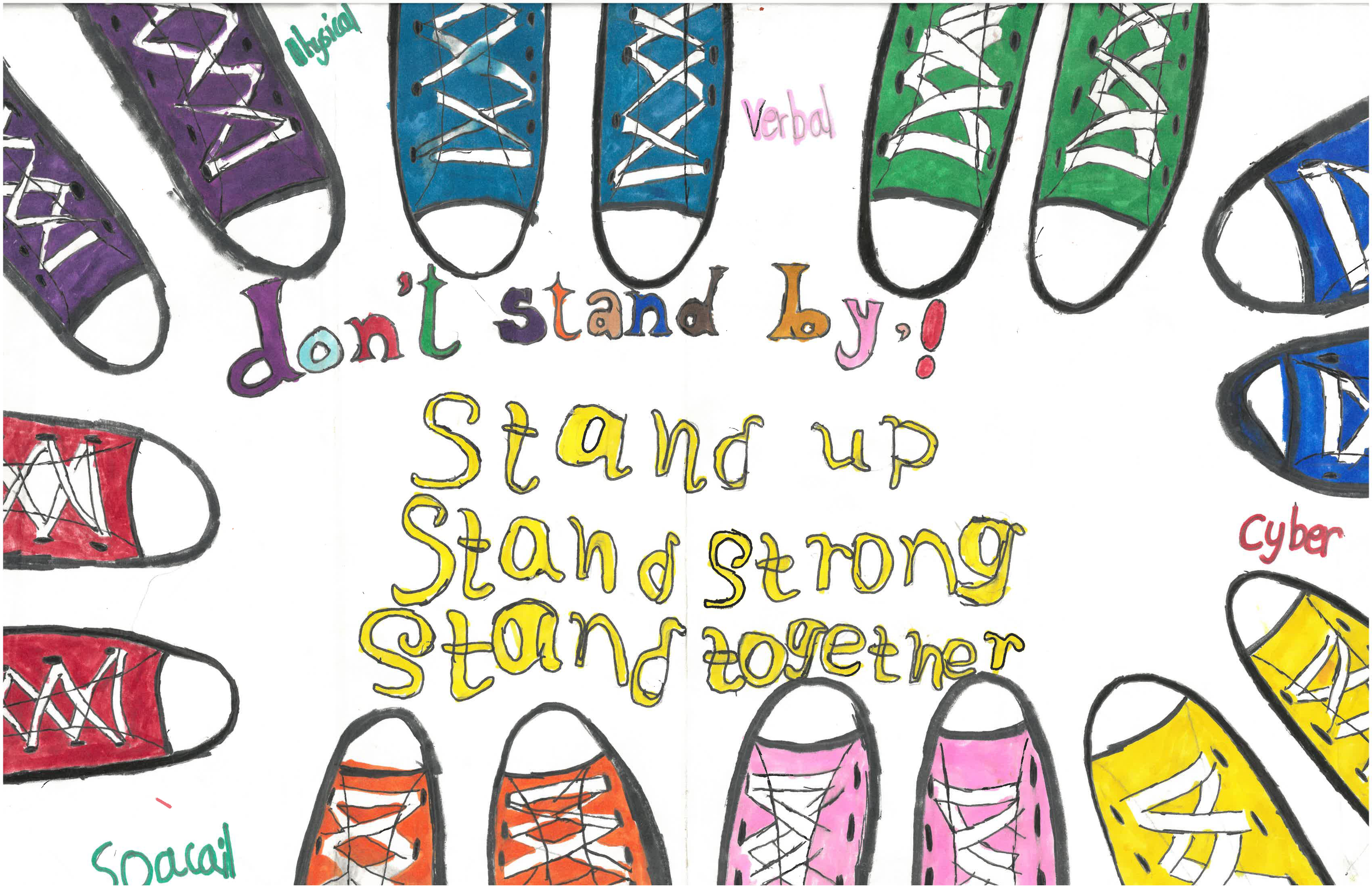 drawing of a circle of tennis shoes around the words don't stand by, stand up, stand strong, stand together
