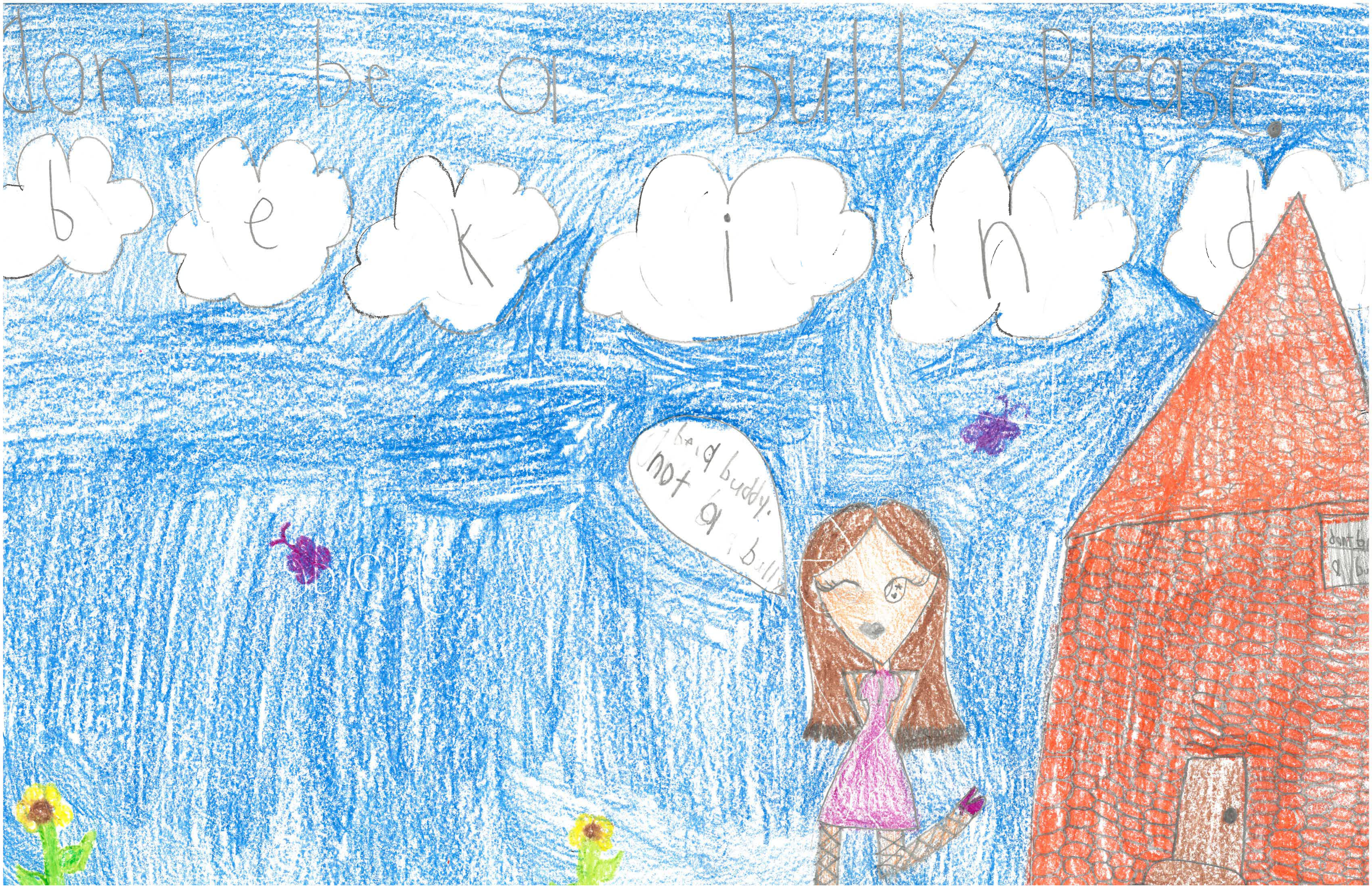 drawing of girls standing next to house with the words be kind written in the clouds