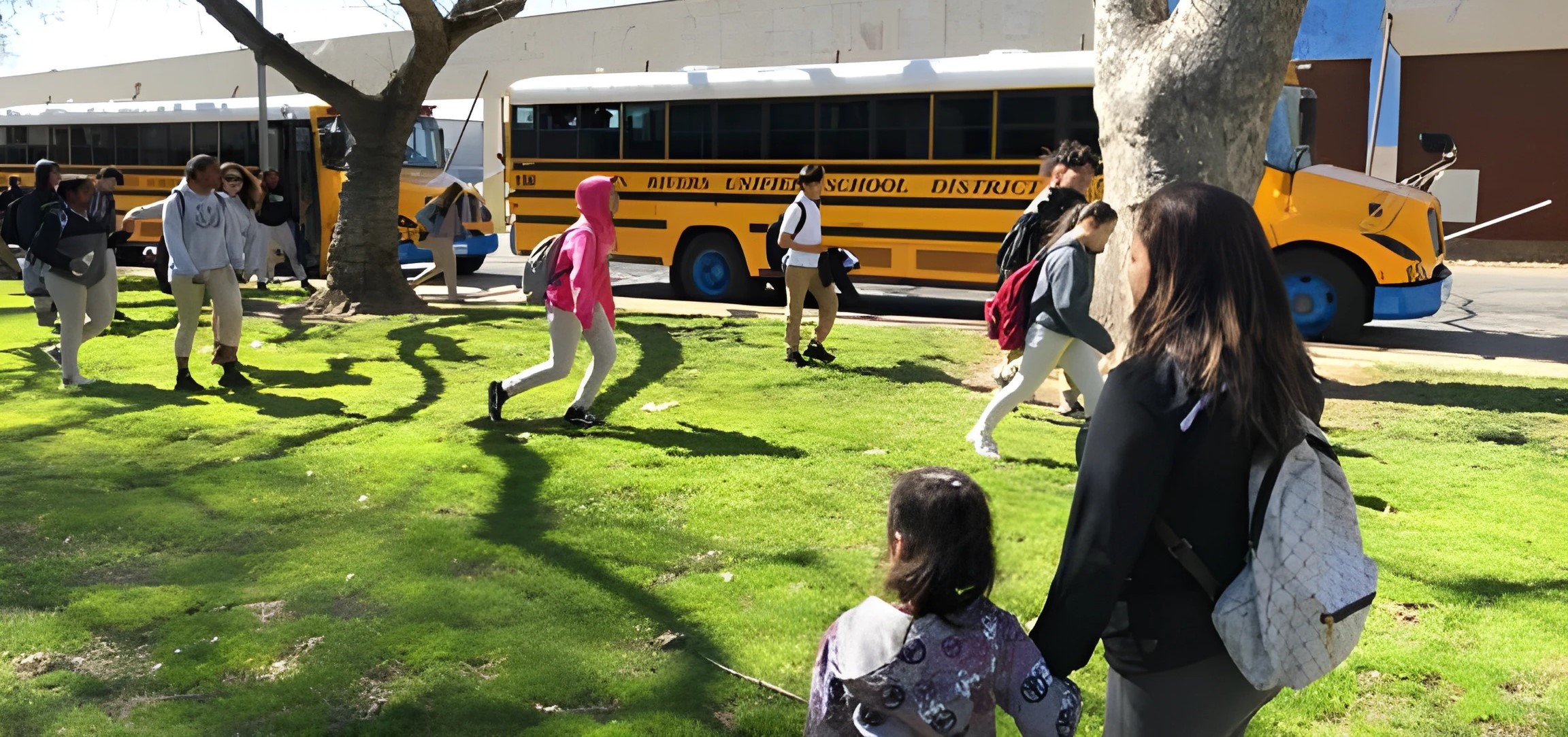 students walking on grass school bus in the background