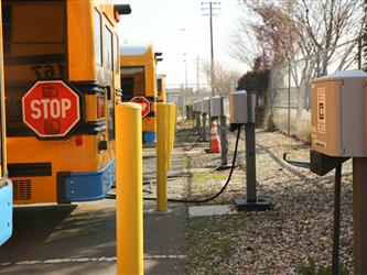 EV Buses lines up with charging stations 