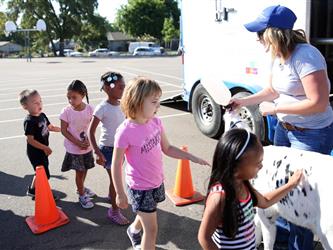 Students lining up to pet a baby cow being fed milk from a bottle