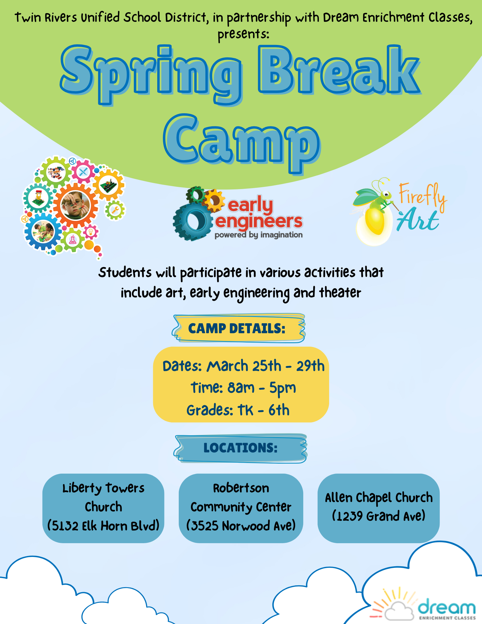 Spring Break Camp Flyer. March 25th - 29th, 2024. 8:00 am to 5:00 pm. Register Below. 
