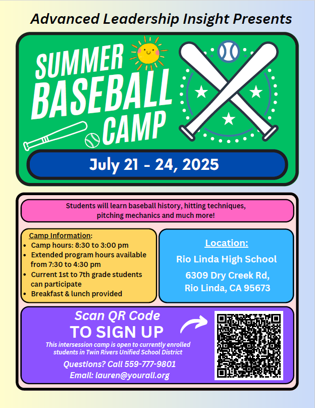 Summer Baseball Camp July 21-24, 2025. Call 559-777-9801 for more information.