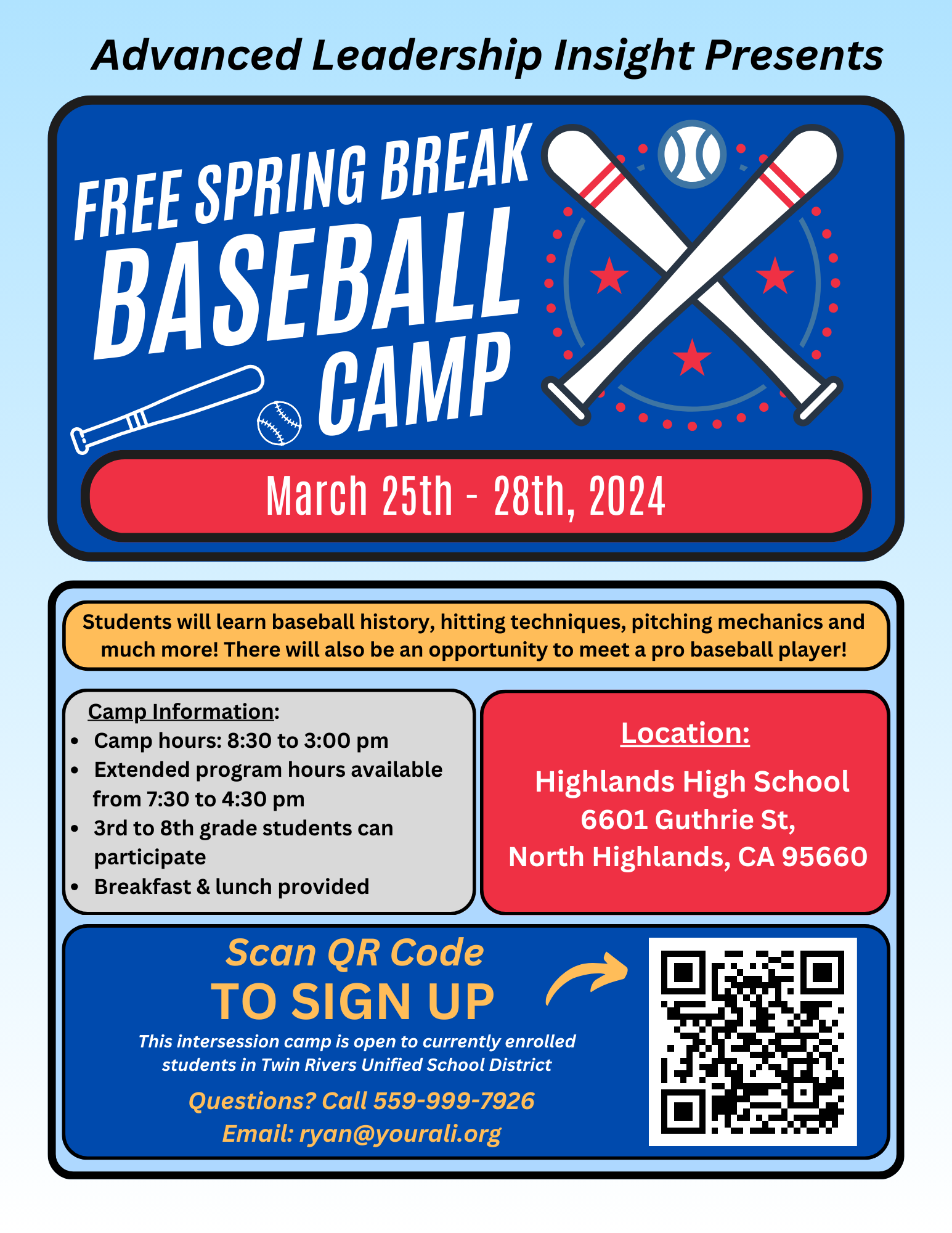 Advanced Leadership Insight Spring Break Baseball Camp Flyer. December 27, 2022 - January 5, 2023. 8:30 am to 4:30 pm. Register Below. Call 559-999-7926 for more information.