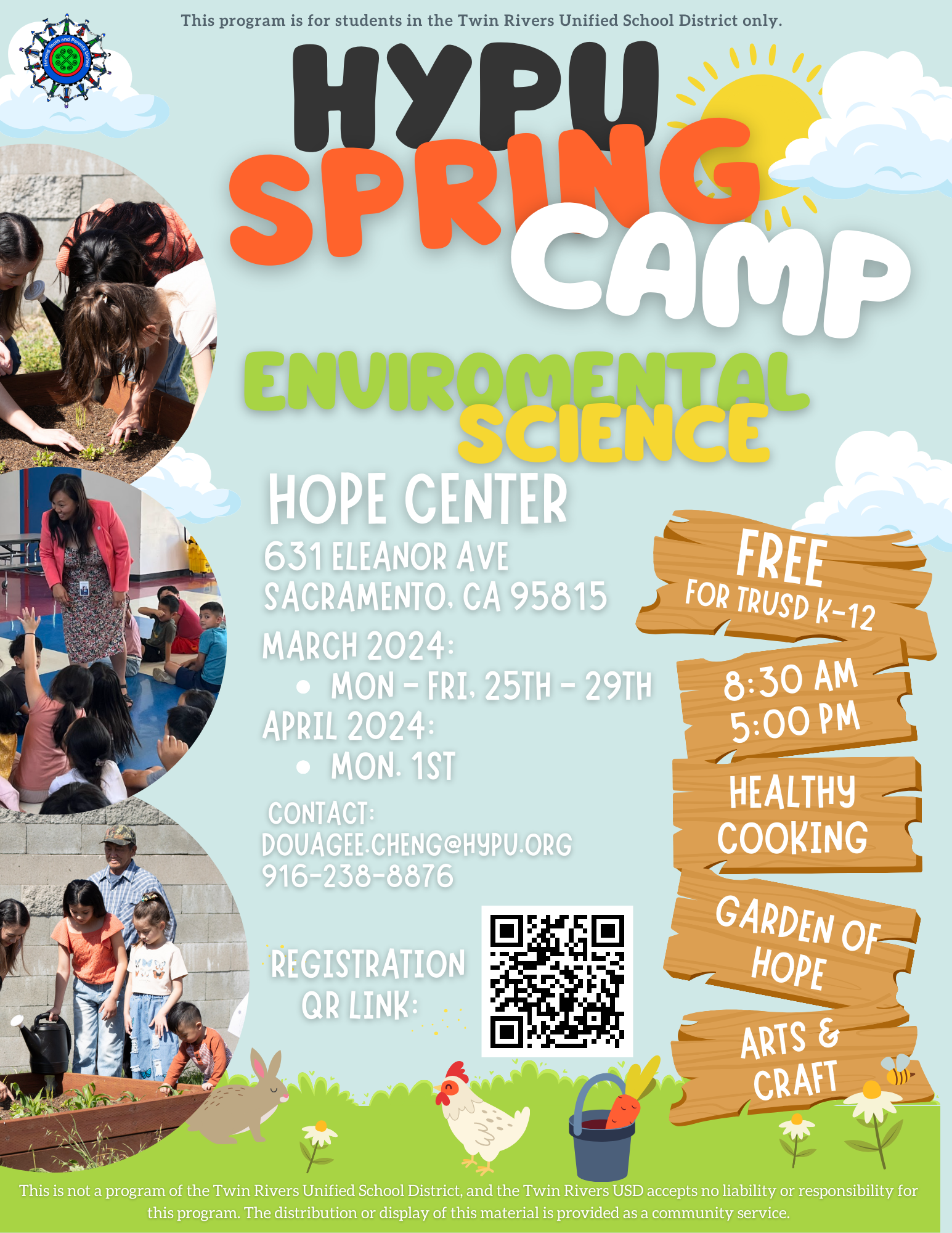 Hmong Youth and Parents United Spring Break Flyer. March 25-29 & April 1, 2024. 8:30 am to 5:00 pm. Register Below. Call 916-238-8876 for more information.