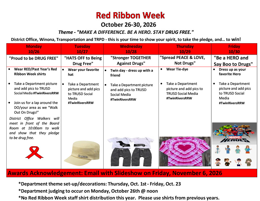 This photo displays the various themes for Spirit week on Red Ribbon Week for 2026