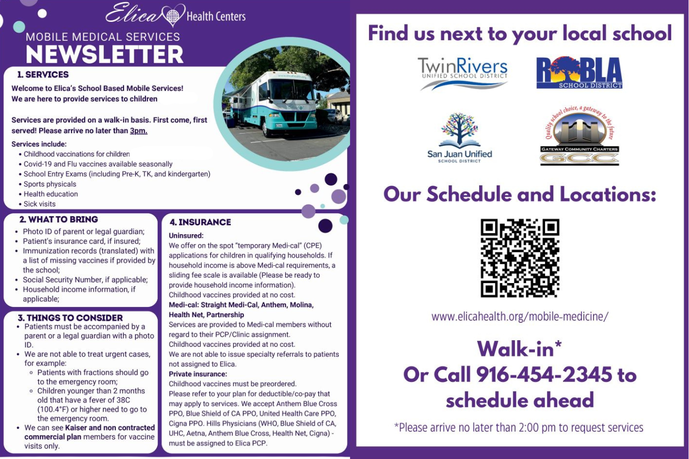 Flyer with detials regarding Elica Mobile clinic. Call (916)454-2345 to schedule an appointment