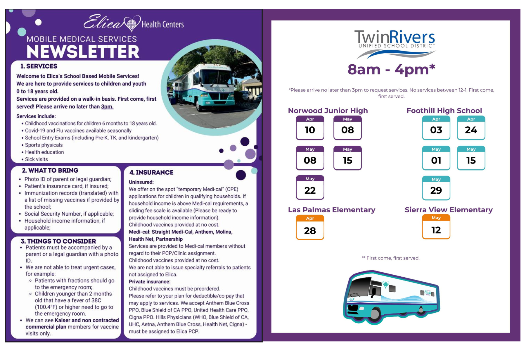 A flyer about Elica services and their schedule with TRUSD