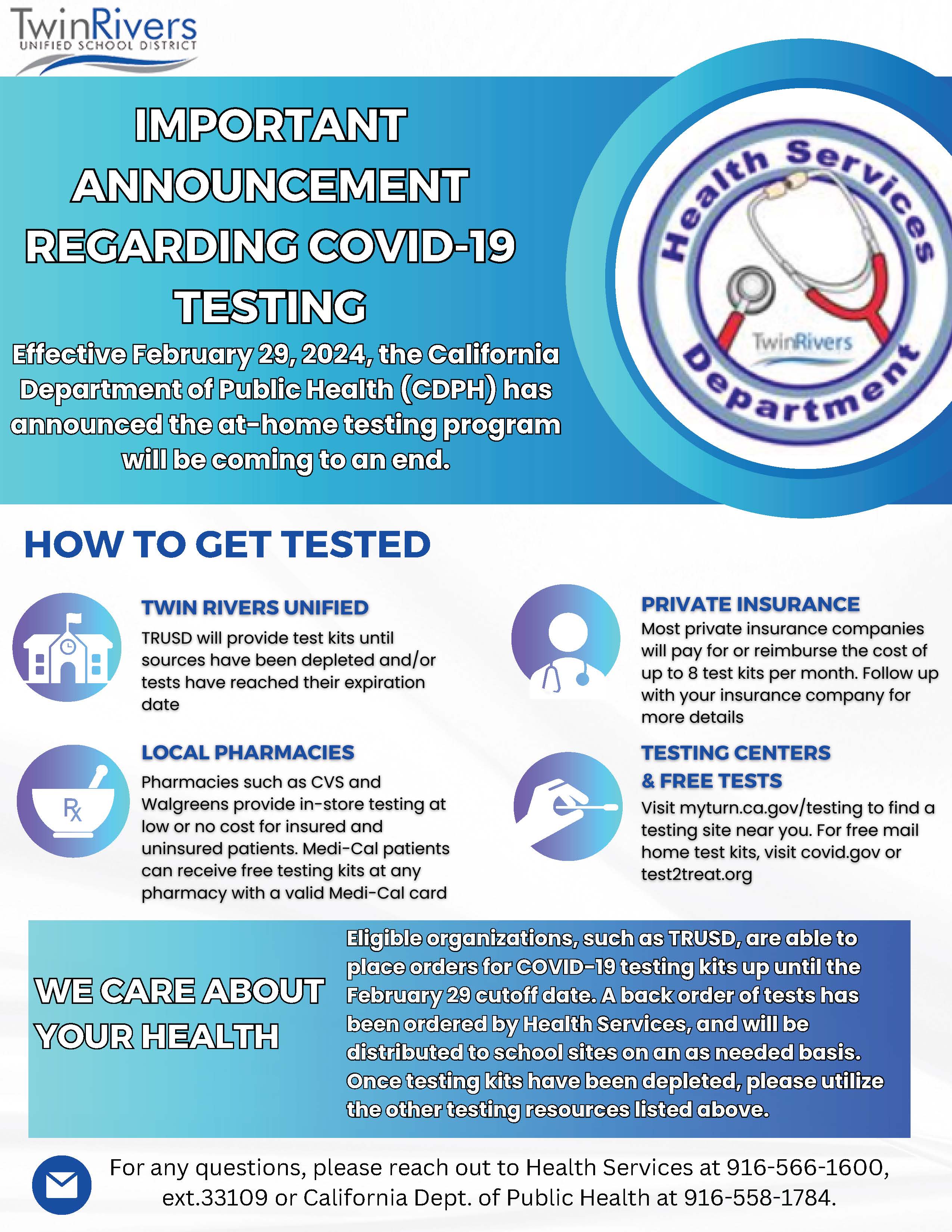 Flyer informing public of end of the at-home covid test program on February 29, 2024.