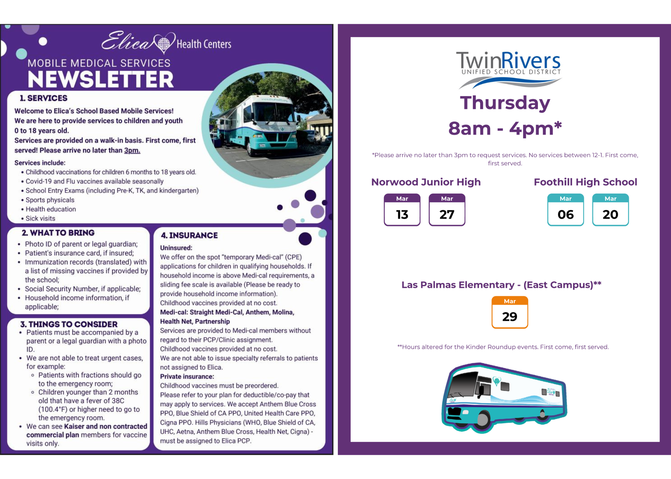 A flyer about Elica services and their schedule with TRUSD